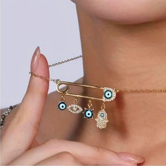 Jewelry - 18k Gold Boho Evil Eye Safety Pin
Pendant Necklace